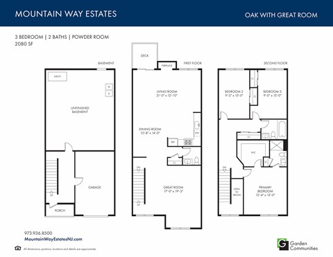 Floor plan for 3 beds, 2.5 baths, 2080 sqft